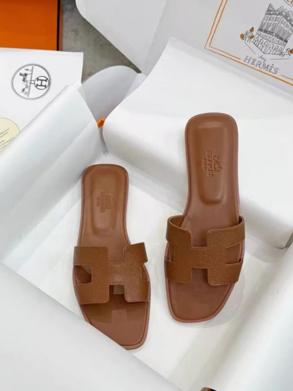 Hermes Oran Brown H‑Strap Epsom Leather Flat Slip‑On Slides